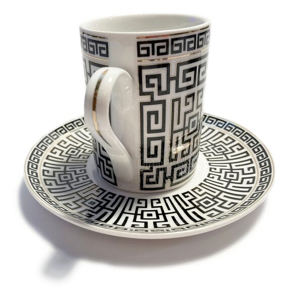 2 Sets of NEW B/W Greek Key Design Bone China C&S 2-Piece Espresso Sets w/Gold … - Picture 2 of 5